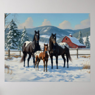 Poster Chevaux Appaloosa noirs sur une ferme en hiver