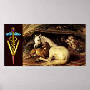 POSTER CHEVAUX AVEC SYMBOLE VÉTÉRINAIRE CADUCE D'OR
