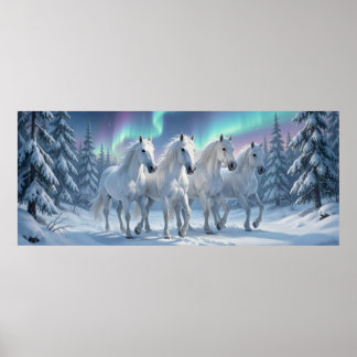 Poster Chevaux blancs sous l'aurore boréale dans une forê