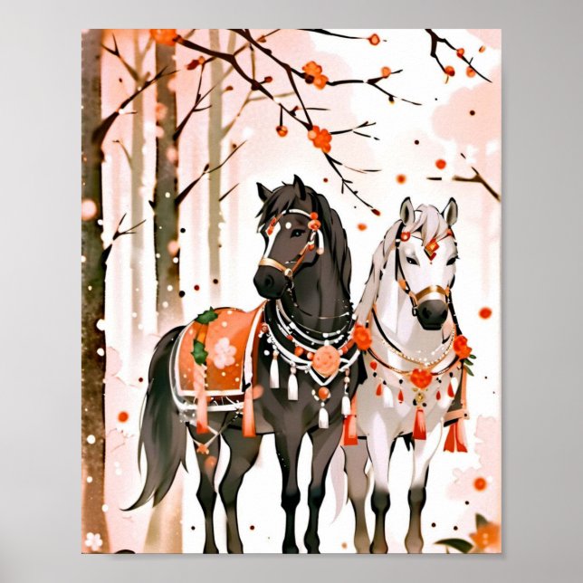 Poster Chevaux dans une forêt rouge (Devant)