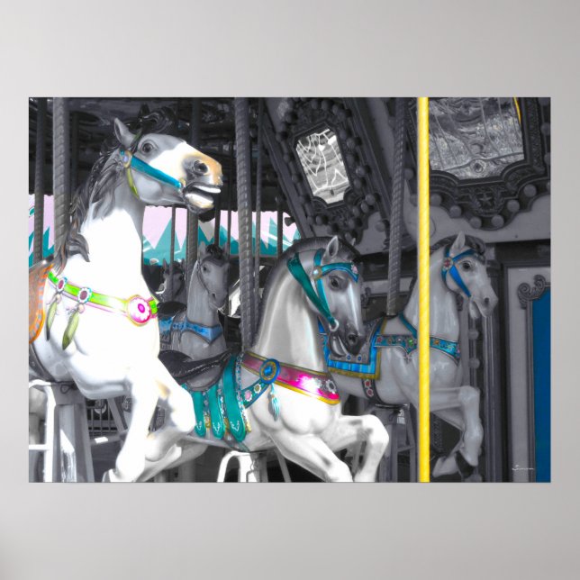 Poster Chevaux de carrousel avec un soupçon de couleur (Devant)