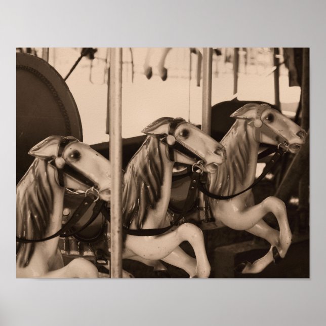 Poster Chevaux De Carrousel Silent Racers En Sepia Brown (Devant)