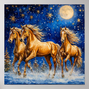 Poster Chevaux de dessin animé sous un ciel étoilé magiqu