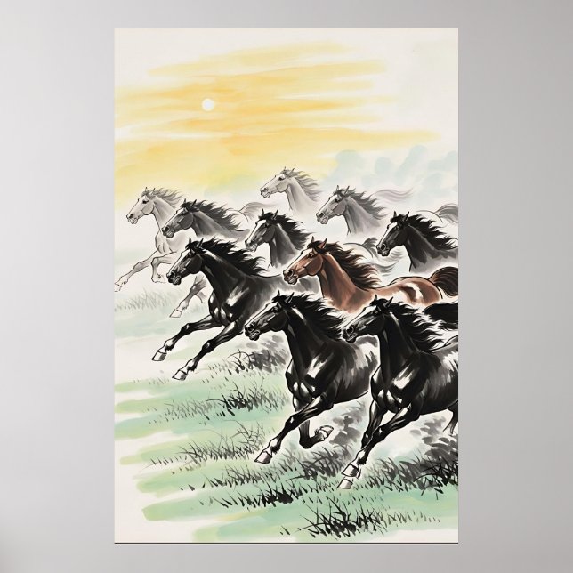 Poster Chevaux de galop Feng Shui - Lavage chinois à l'en (Devant)
