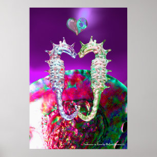 POSTER CHEVAUX DE MER DANS L'AMOUR ROSE BLEU PURPLE MÈRE