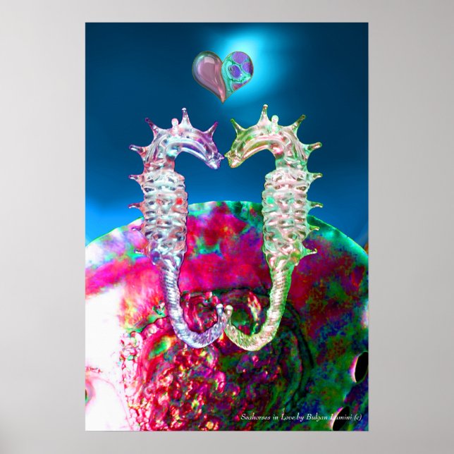 POSTER CHEVAUX DE MER EN AMOUR ET ROSE BLEU MÈRE DE PERLE (Devant)