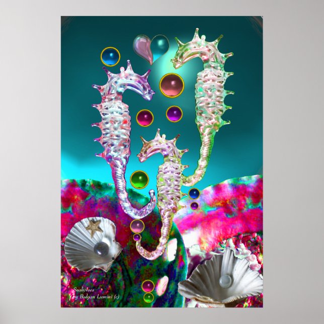 POSTER CHEVAUX DE MER, ROSE TURQUOISE BLEU MÈRE DE PERLE (Devant)