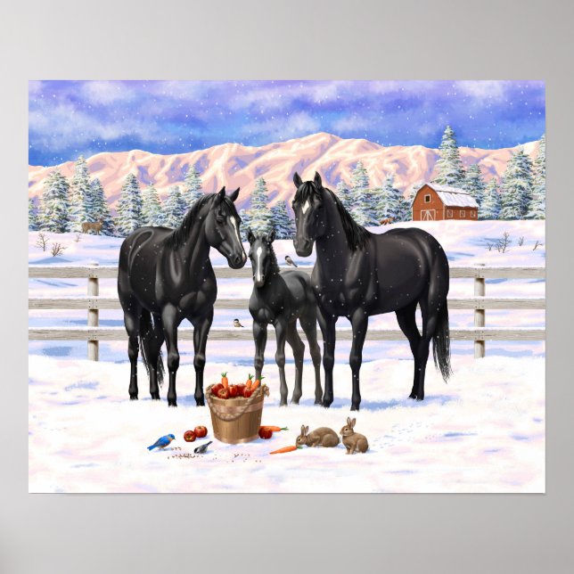 Poster Chevaux Du Quartier Noir En Neige (Devant)