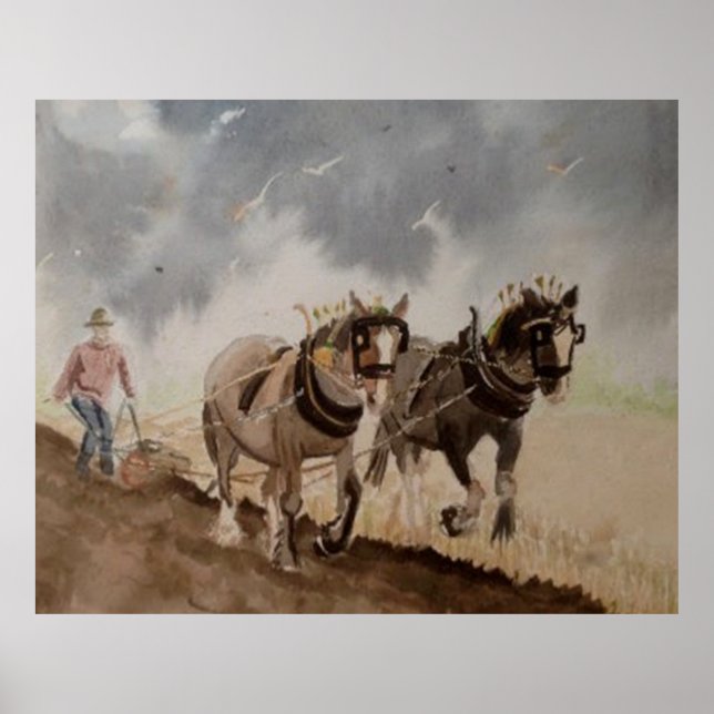 Poster Chevaux lourds qui poussent sous un ciel lourd (Devant)