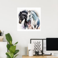 Chevaux noir et blanc en aquarelle