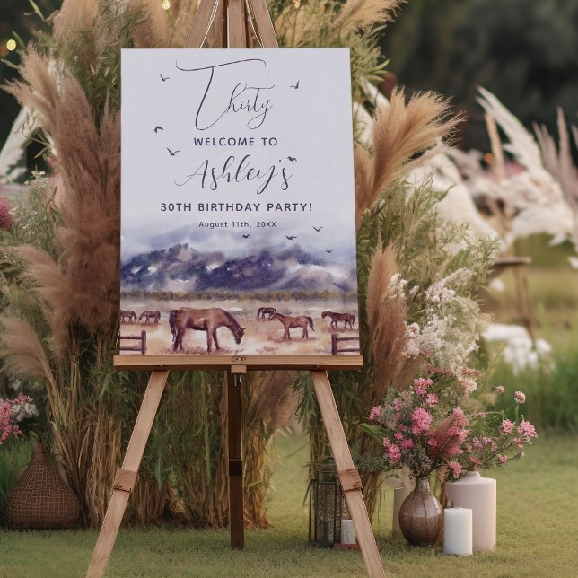 Poster Chevaux Paysage Jalon Anniversaire Fête Bienvenue (Horses Landscape Milestone Birthday Party Welcome poster)