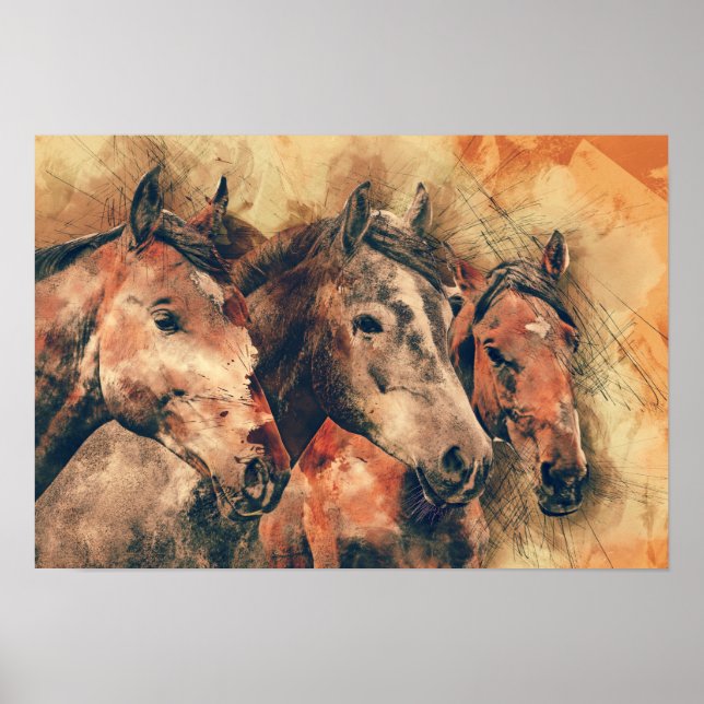 Poster Chevaux Peinture d'aquarelle artistique (Devant)