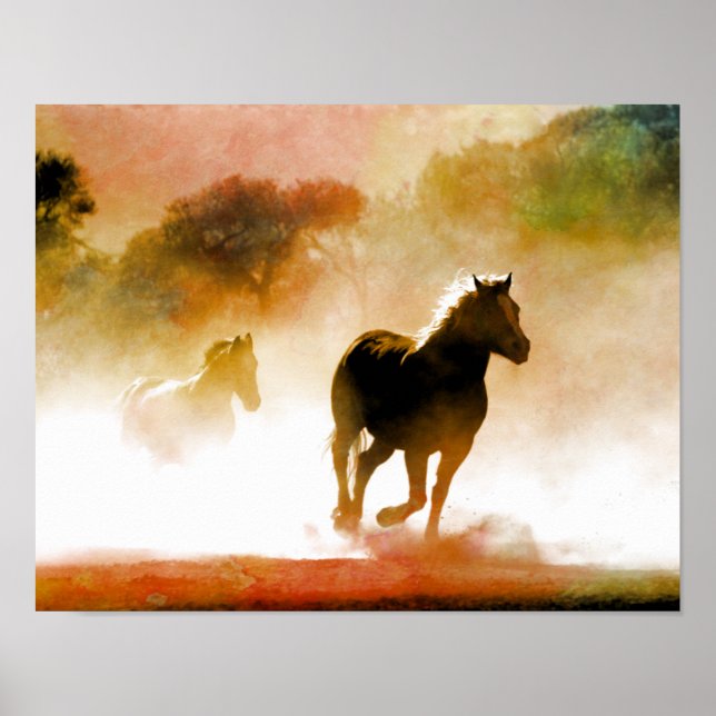 Poster Chevaux qui courent dans le brouillard (Devant)
