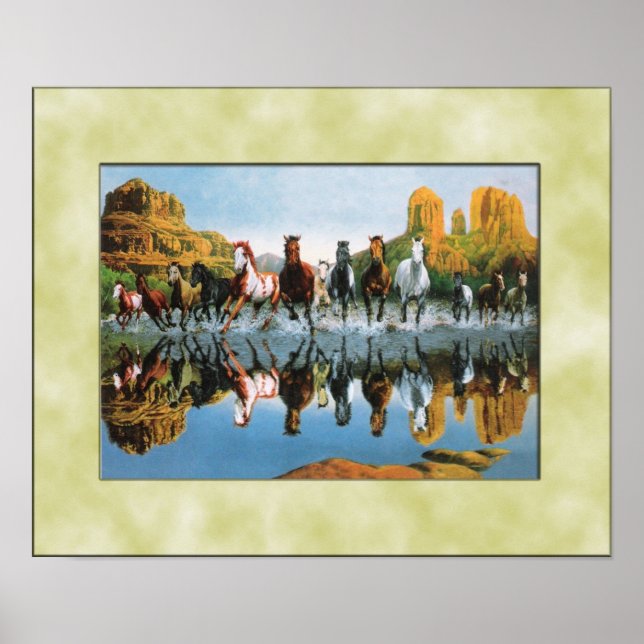 Poster Chevaux sauvages courant à travers l'eau (Devant)