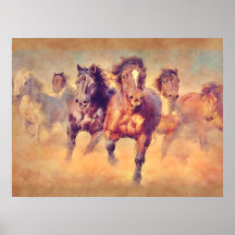 Chevaux sauvages Mustang galopent Aquarelle