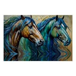 Poster Chevaux Turquoise bleu vert brun
