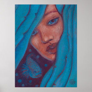 Poster Cheveux Bleu, Sirène Portrait Imaginaire fille Art