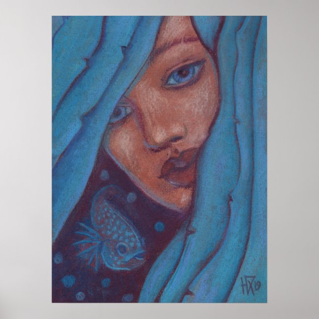 Poster Cheveux Bleu, Sirène Portrait Imaginaire fille Art (Devant)