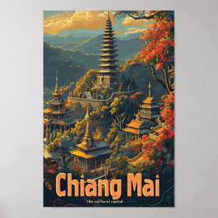 Poster Chiang Mai Thaïlande Illustration de voyage vintag