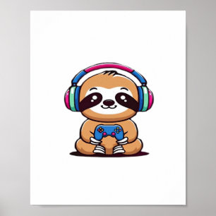 Poster Chibi Kawaii Sloth Gamer - animal drôle mignonne a