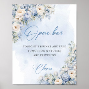 Poster Chic aquarelle bleu et blanc roses open bar