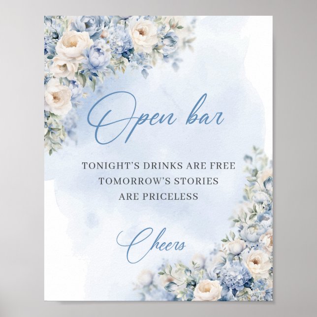 Poster Chic aquarelle bleu et blanc roses open bar (Devant)