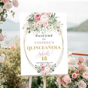 Poster Chic baiser floral or pastel bienvenue à la quince