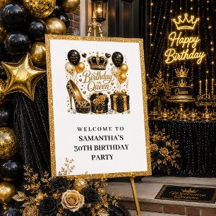 Poster Chic Bienvenue Reine Anniversaire Or Noir Paillett