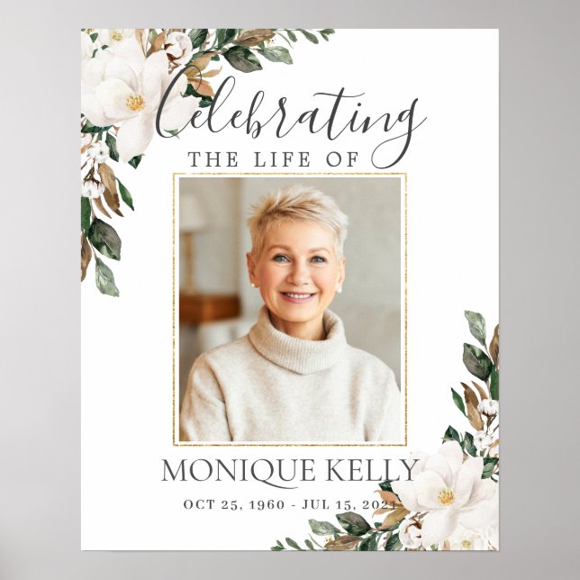 Poster Chic blanc Magnolia Floral Photo Funeral Memorial (Devant)