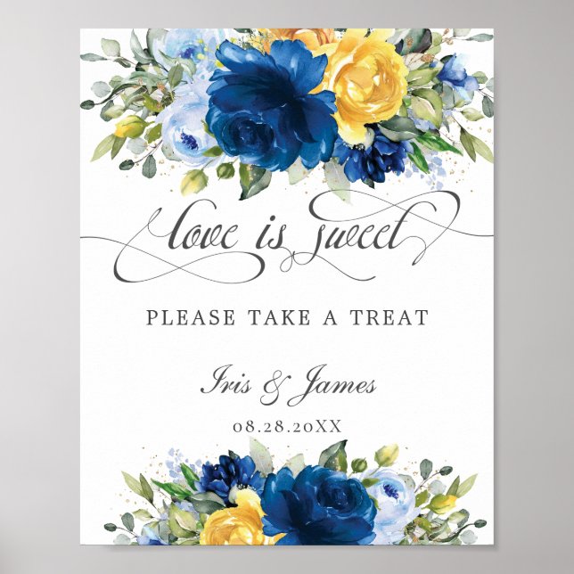 Poster Chic Bleu Jaune Floral L'amour est sucré Prenez un (Devant)