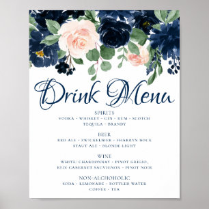 Poster Chic Blooms Menu des Boissons Bleu Nuit et Rose