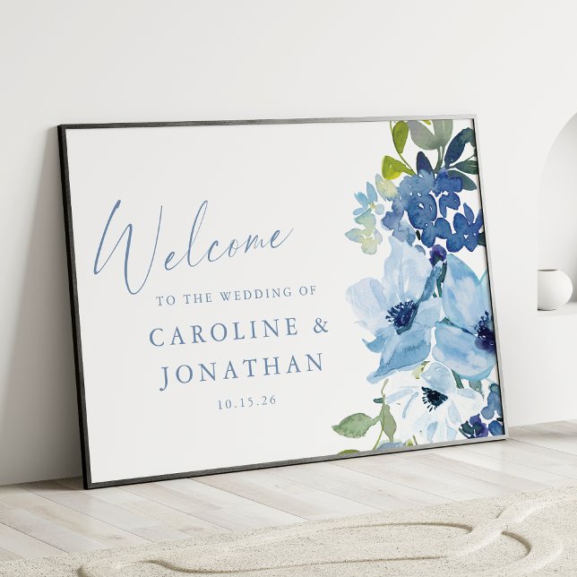 Poster Chic Blue Watercolor Floral Custom Wedding Bienven (Créateur téléchargé)