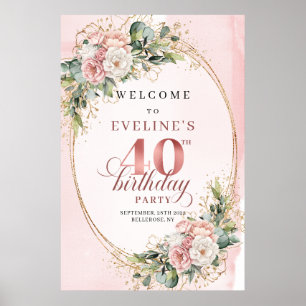 Poster Chic Boho Rose Gold Floral 40e Anniversaire Bienve