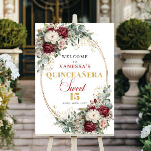 Poster Chic Bourgogne Floral Eucalyptus Quinceañera Bienv