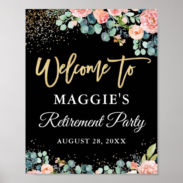 Poster Chic Coral Floral Gold Retraite Party Bienvenue (Devant)