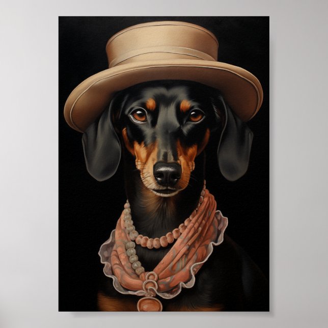 Poster Chic Dachshund Avec Casquette Crème (Devant)