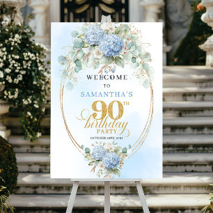 Poster Chic Dusty Blue Floral 90e anniversaire de bienven