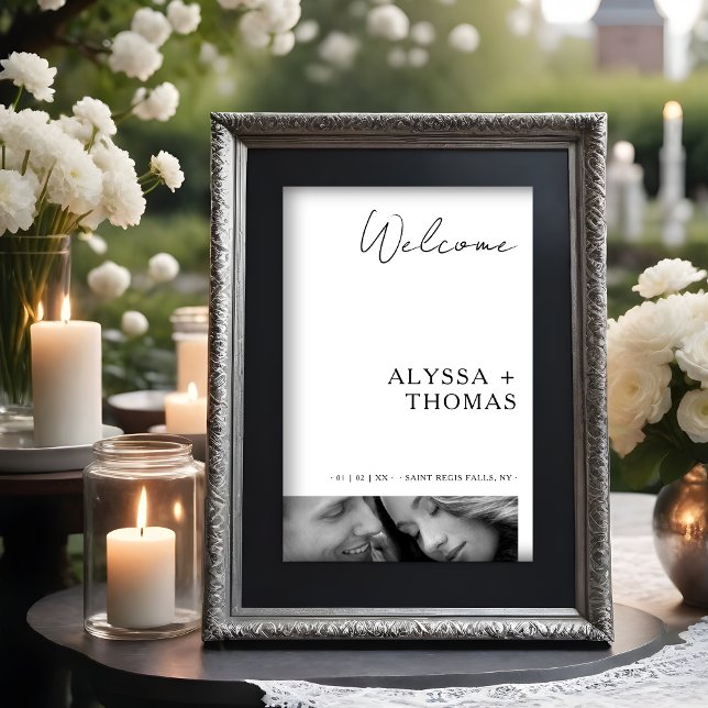 Poster Chic Extra Minimalist Black & White Photo Wedding  (Chic Extra Minimalist Black & White Photo Wedding Welcome Guest Sign Poster. )