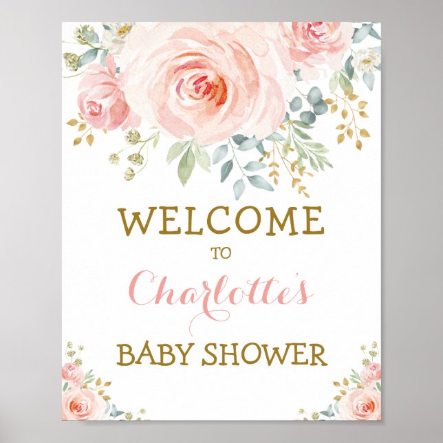 Poster Chic Fleurs Aquarelle Rose Pâle Doré Baby Shower (Devant)