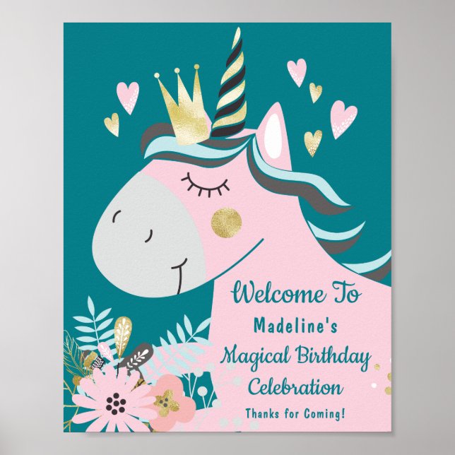 Poster Chic Floral Magique Unicorn Girly Birthday Welcome (Devant)