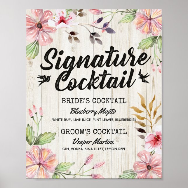 Poster Chic Floral Mariage Signature Cocktail Menu Boisso (Devant)