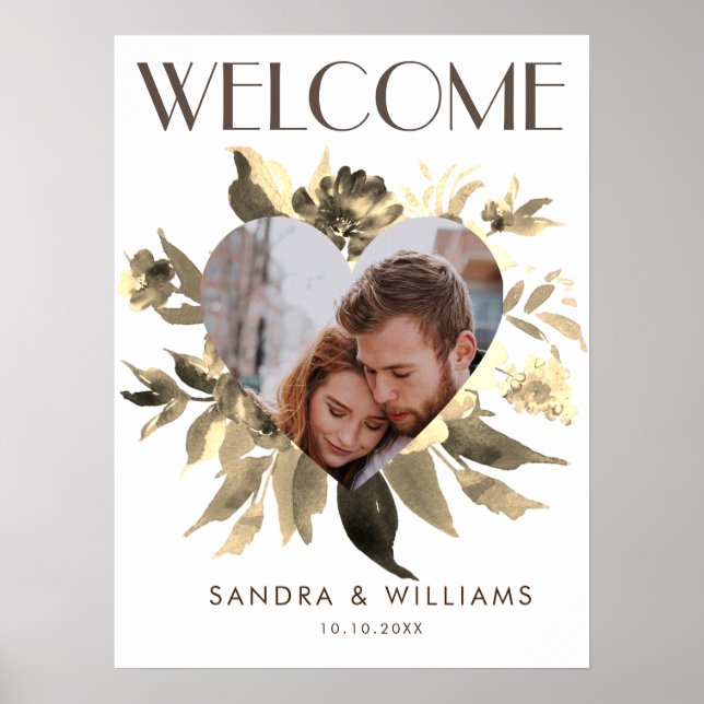 Poster Chic Gold Floral Wreath Heart Photo Bienvenue (Devant)