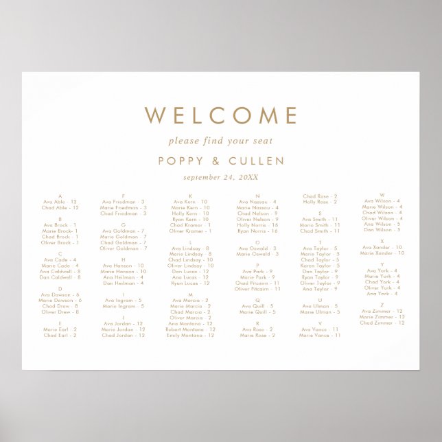 Poster Chic Gold Typographie Horizontal Seating Chart (Devant)