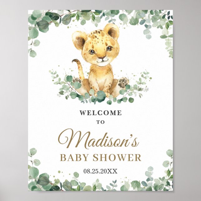 Poster Chic Green Lion Cub Baby shower garçon Bienvenue (Devant)
