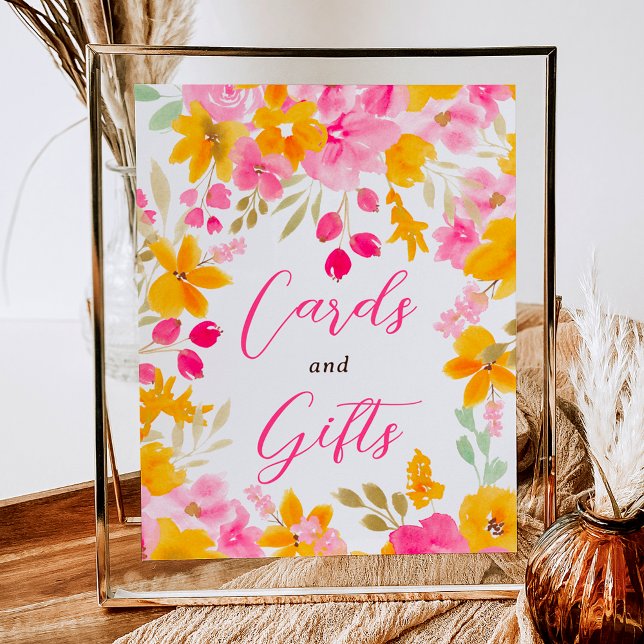 Poster Chic jaune rose floral aquarelle signe nuptial (Chic yellow pink floral watercolor bridal sign)