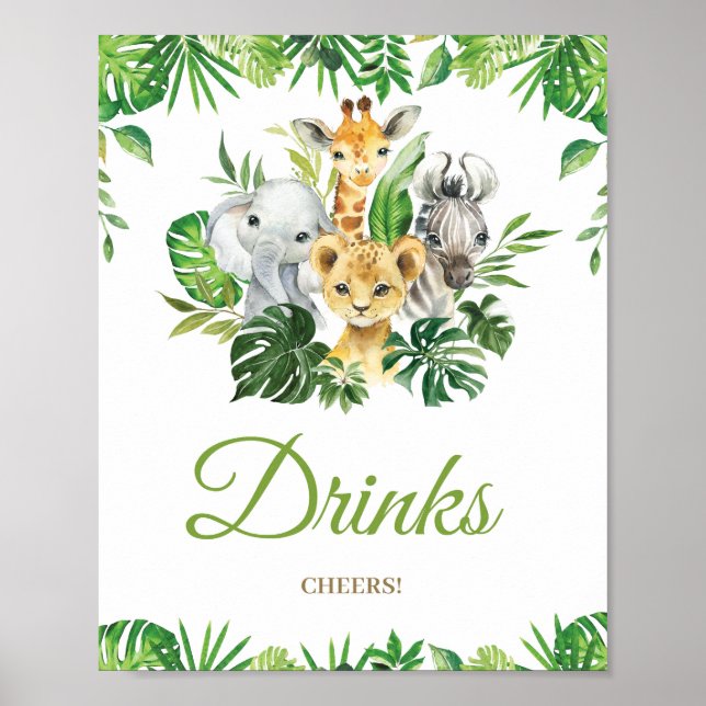 Poster Chic Jungle Animaux Verdure Baby shower Boissons (Devant)