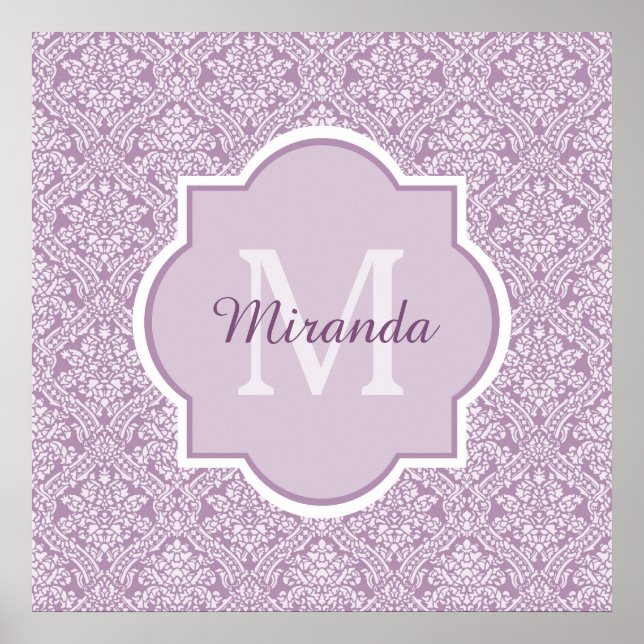 Poster Chic Lavande Purple Damask Monogramme Avec Nom (Devant)