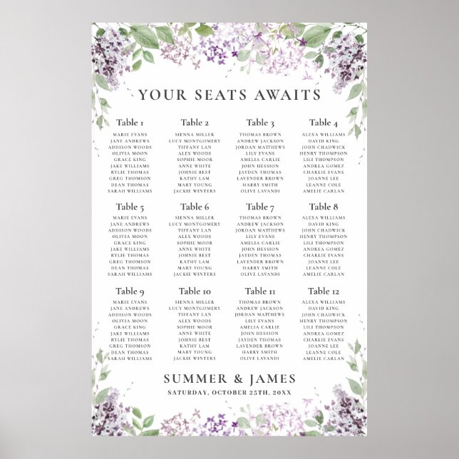 Poster Chic Lilac Purple Floral Mariage Carte de siège (Devant)