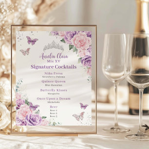 Poster Chic Lilac Rose Floral Quinceanera Bar Menu Boisso