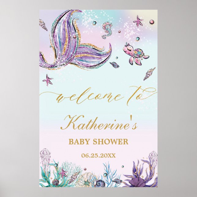 Poster Chic Mermaid Baby shower sous la mer Bienvenue (Devant)
